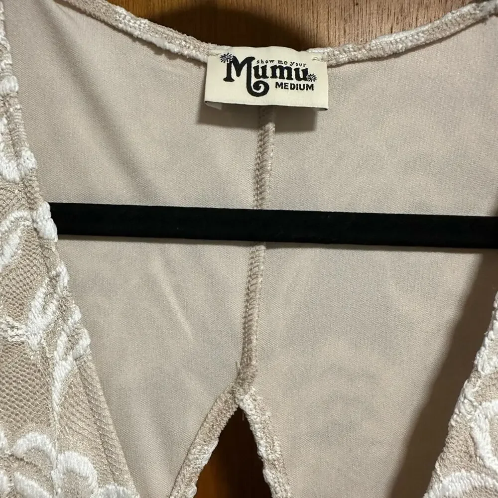 Show Me Your Mumu Tan and White Lace 3/4 Sleeve Dress with Keyhole Back Medium